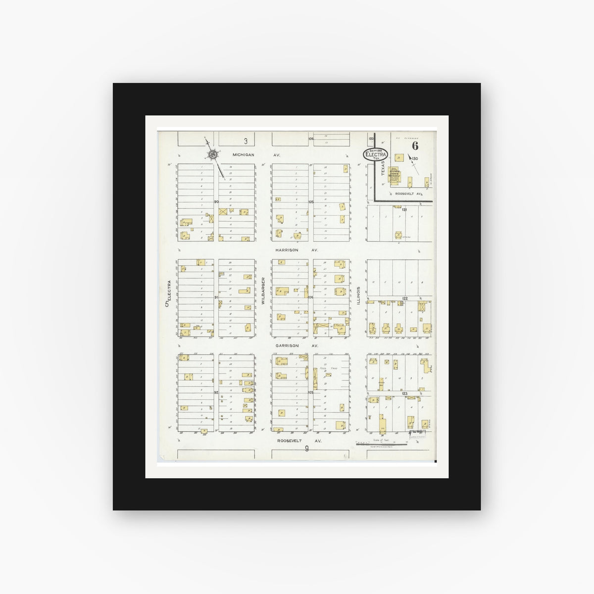 Old map wall art mockup — black gallery frame with white mat — Sanborn Fire Insurance Map from Electra, Wichita County, Texas (1919), Sheet #0006