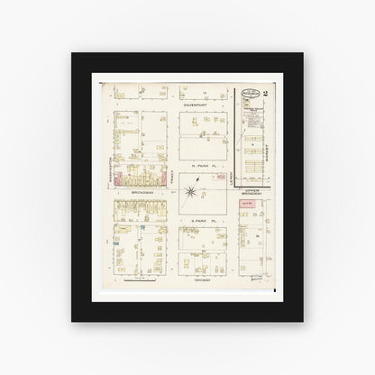 Old map wall art mockup — black gallery frame with white mat — Sanborn Fire Insurance Map from Audubon, Audubon County, Iowa (1886), Sheet #0002