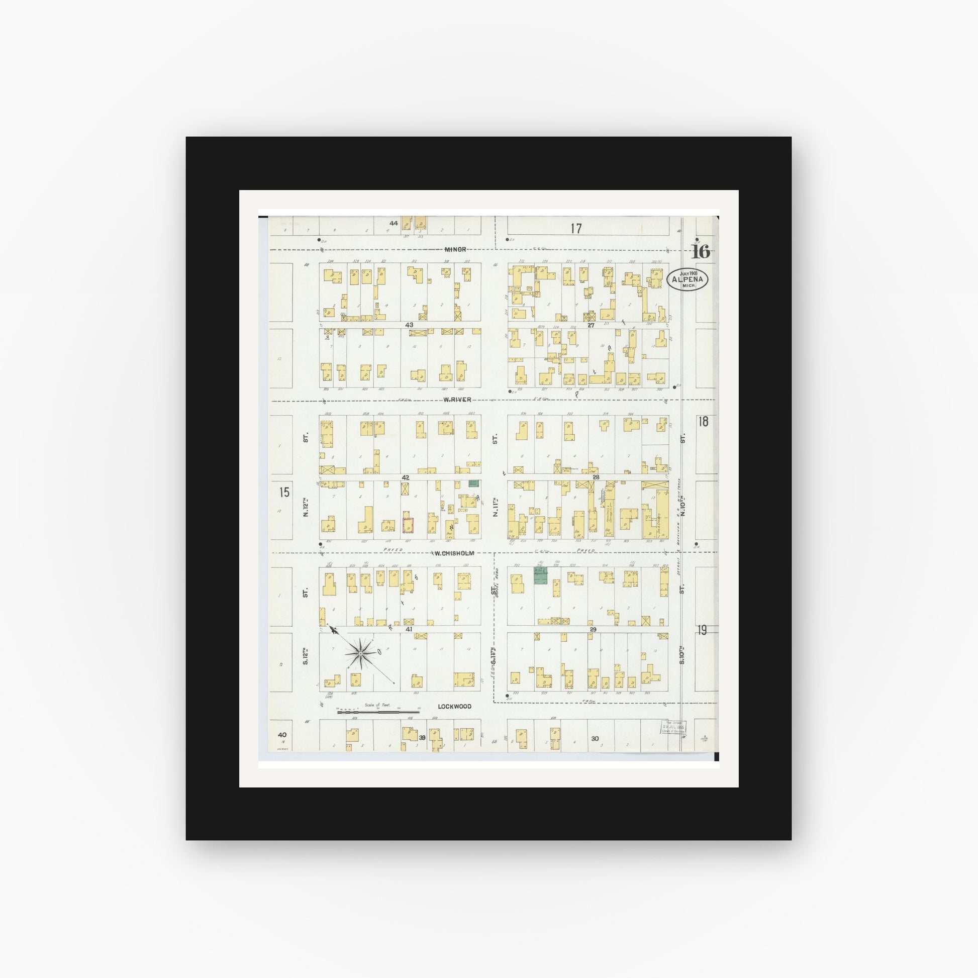 Old map wall art mockup — black gallery frame with white mat — Sanborn Fire Insurance Map from Alpena, Alpena County, Michigan (1901), Sheet #0016