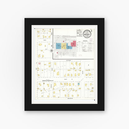 Old map wall art mockup — black gallery frame with white mat — Sanborn Fire Insurance Map from Winterset, Madison County, Iowa (1907), Sheet #0001
