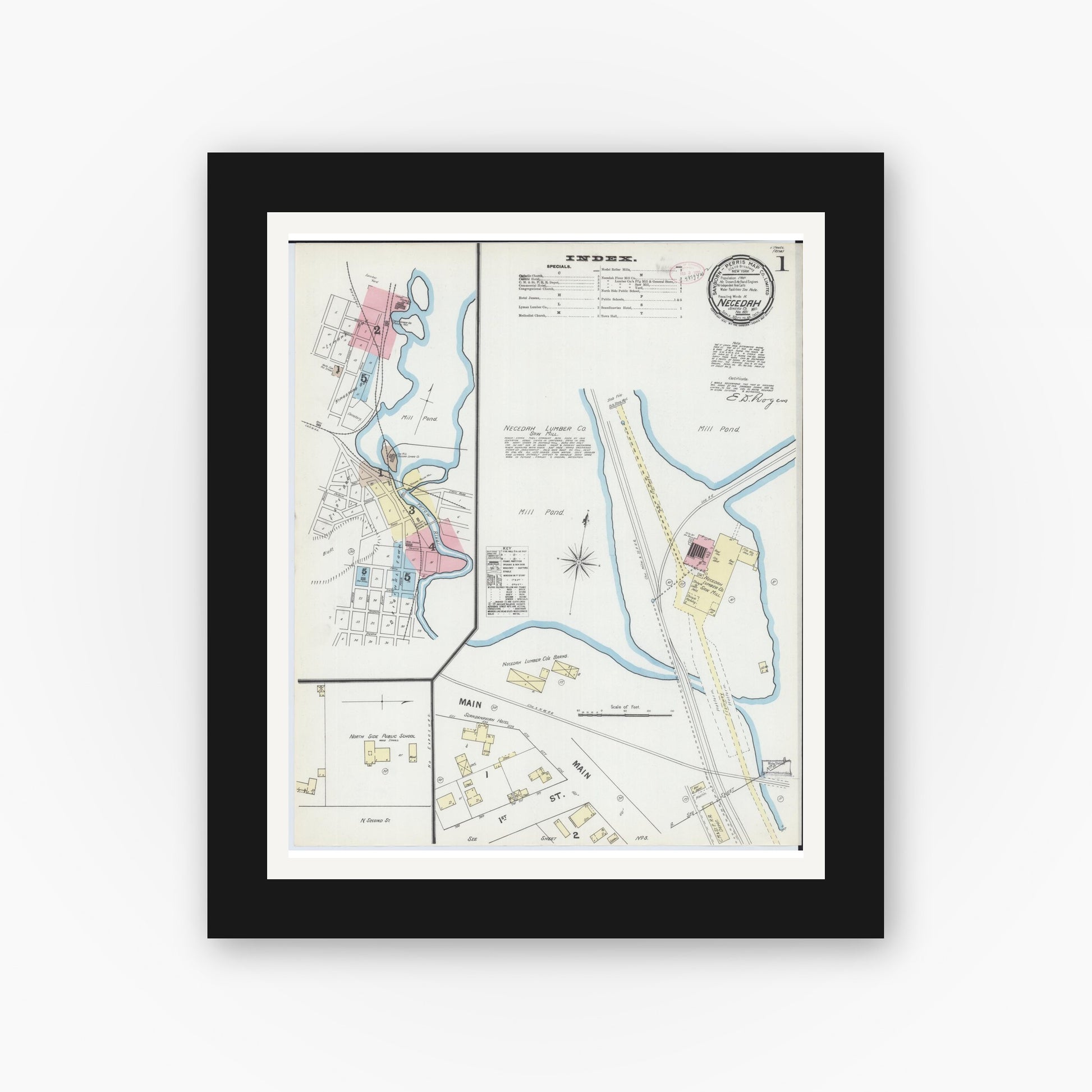 Old map wall art mockup — black gallery frame with white mat — Sanborn Fire Insurance Map from Necedah, Juneau County, Wisconsin (1891) - Complete Map Set