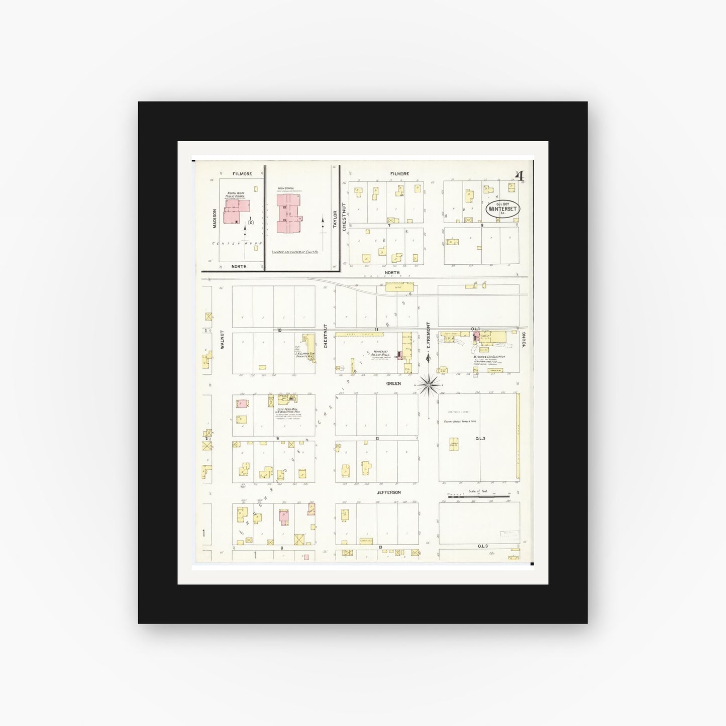 Old map wall art mockup — black gallery frame with white mat — Sanborn Fire Insurance Map from Winterset, Madison County, Iowa (1907), Sheet #0004