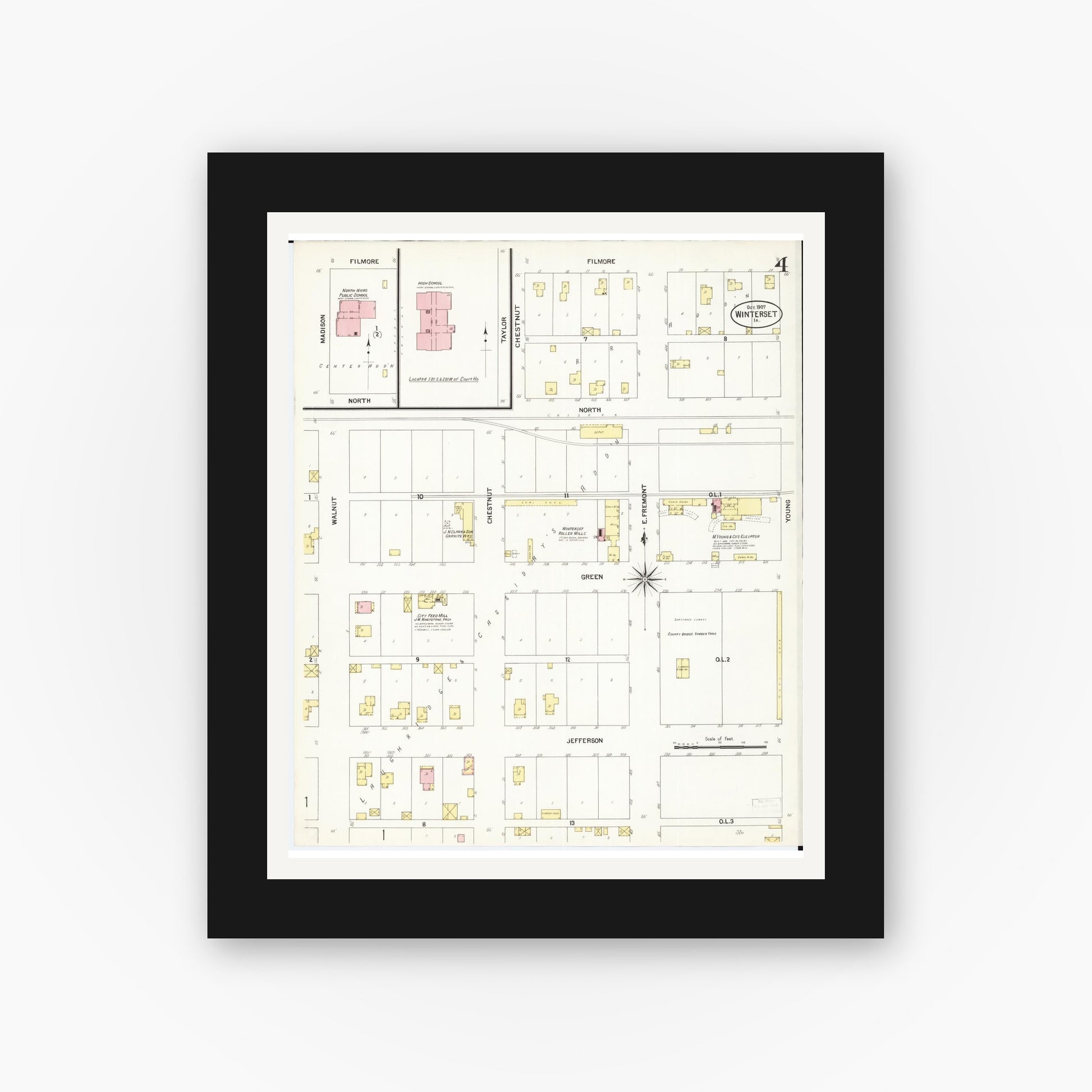 Old map wall art mockup — black gallery frame with white mat — Sanborn Fire Insurance Map from Winterset, Madison County, Iowa (1907), Sheet #0004