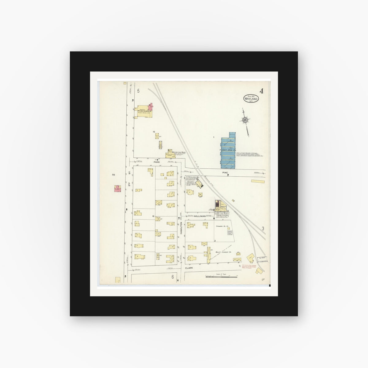 Old map wall art mockup — black gallery frame with white mat — Sanborn Fire Insurance Map from Wayland, Steuben County, New York (1913), Sheet #0004