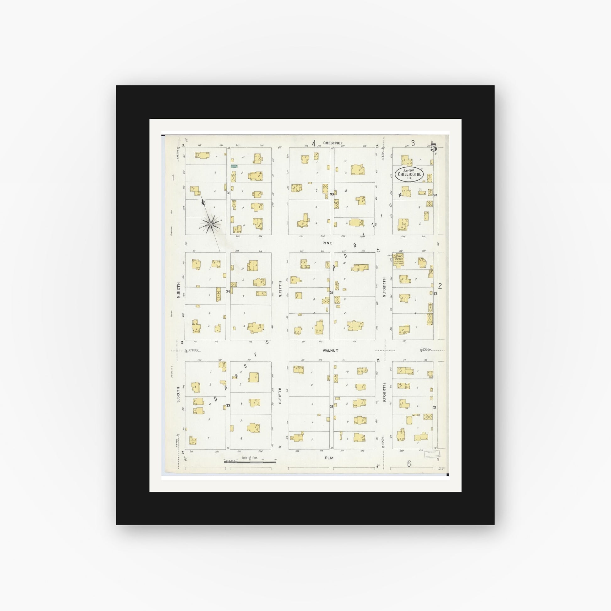 Old map wall art mockup — black gallery frame with white mat — Sanborn Fire Insurance Map from Chillicothe, Peoria County, Illinois (1907), Sheet #0005