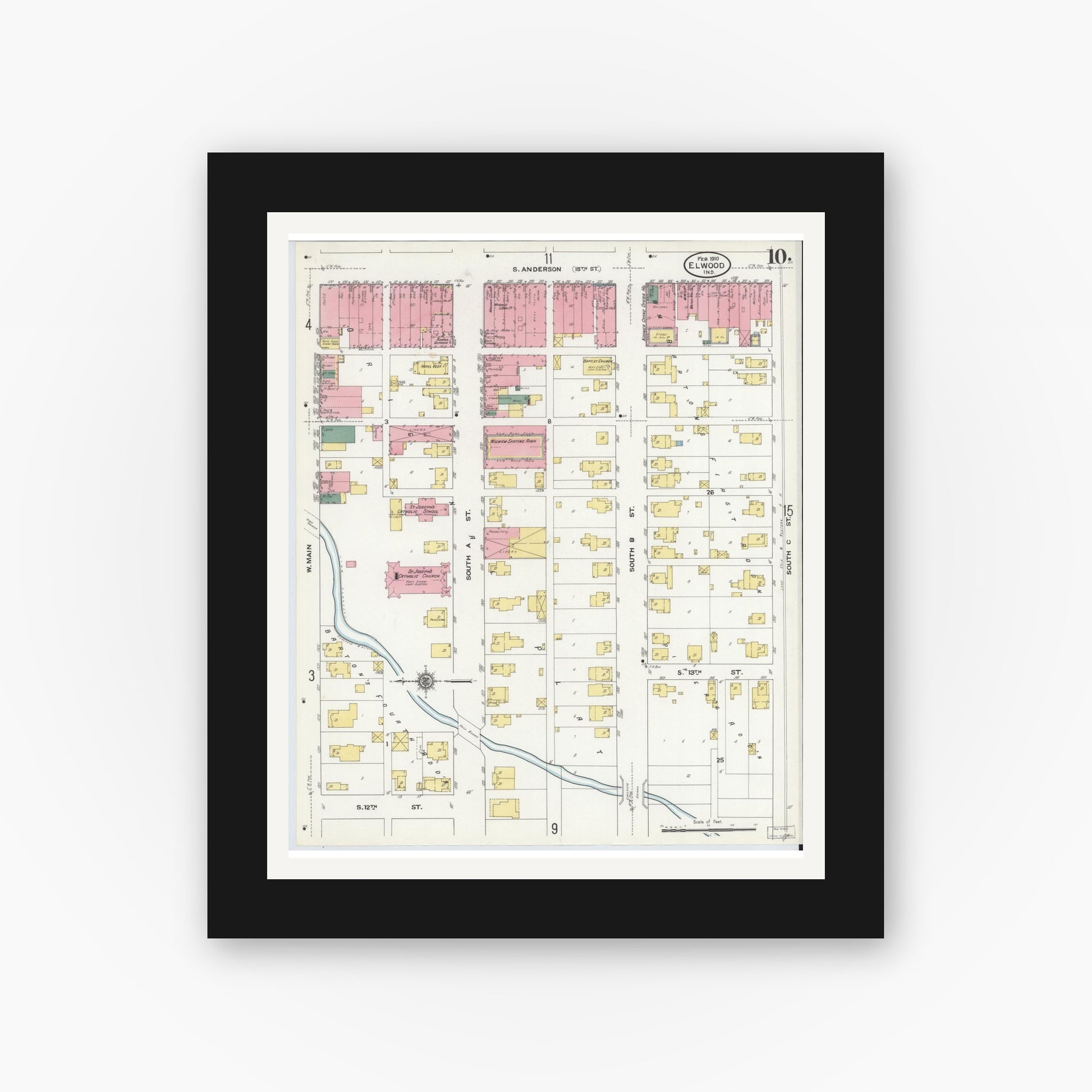 Old map wall art mockup — black gallery frame with white mat — Sanborn Fire Insurance Map from Elwood, Madison County, Indiana (1910), Sheet #0010