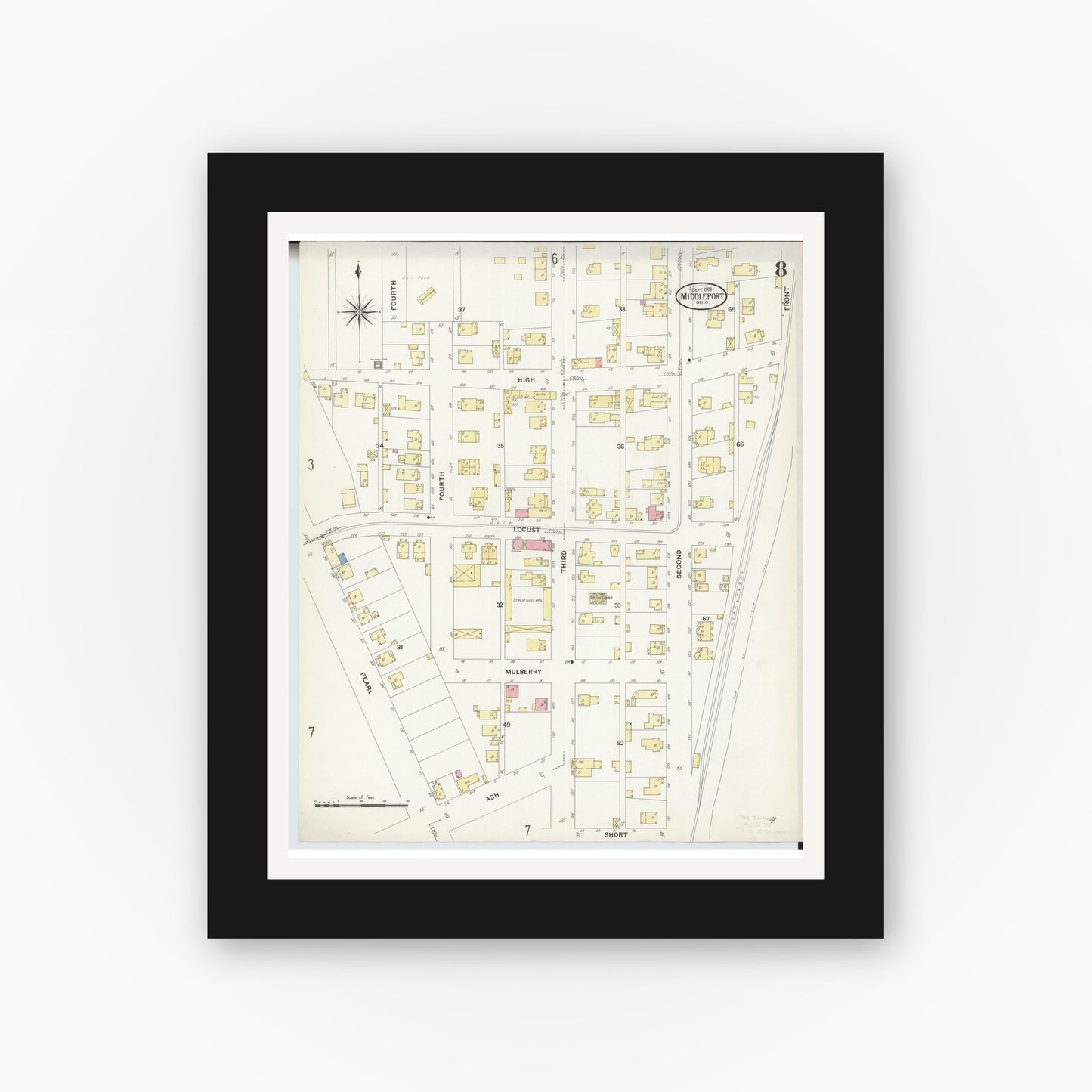 Old map wall art mockup — black gallery frame with white mat — Sanborn Fire Insurance Map from Middleport, Meigs County, Ohio (1908), Sheet #0008
