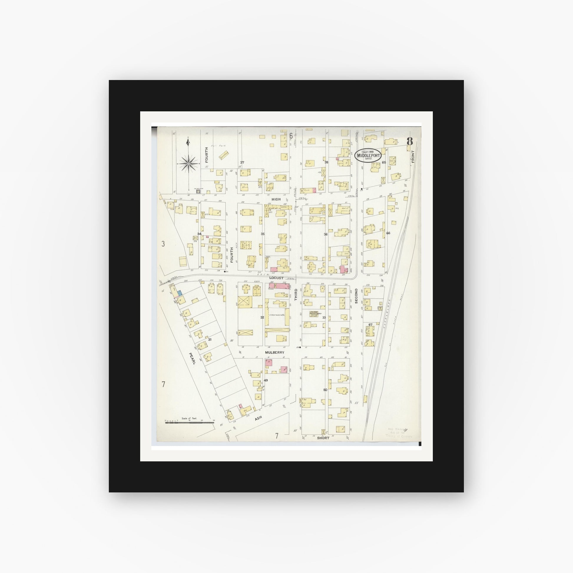 Old map wall art mockup — black gallery frame with white mat — Sanborn Fire Insurance Map from Middleport, Meigs County, Ohio (1908), Sheet #0008