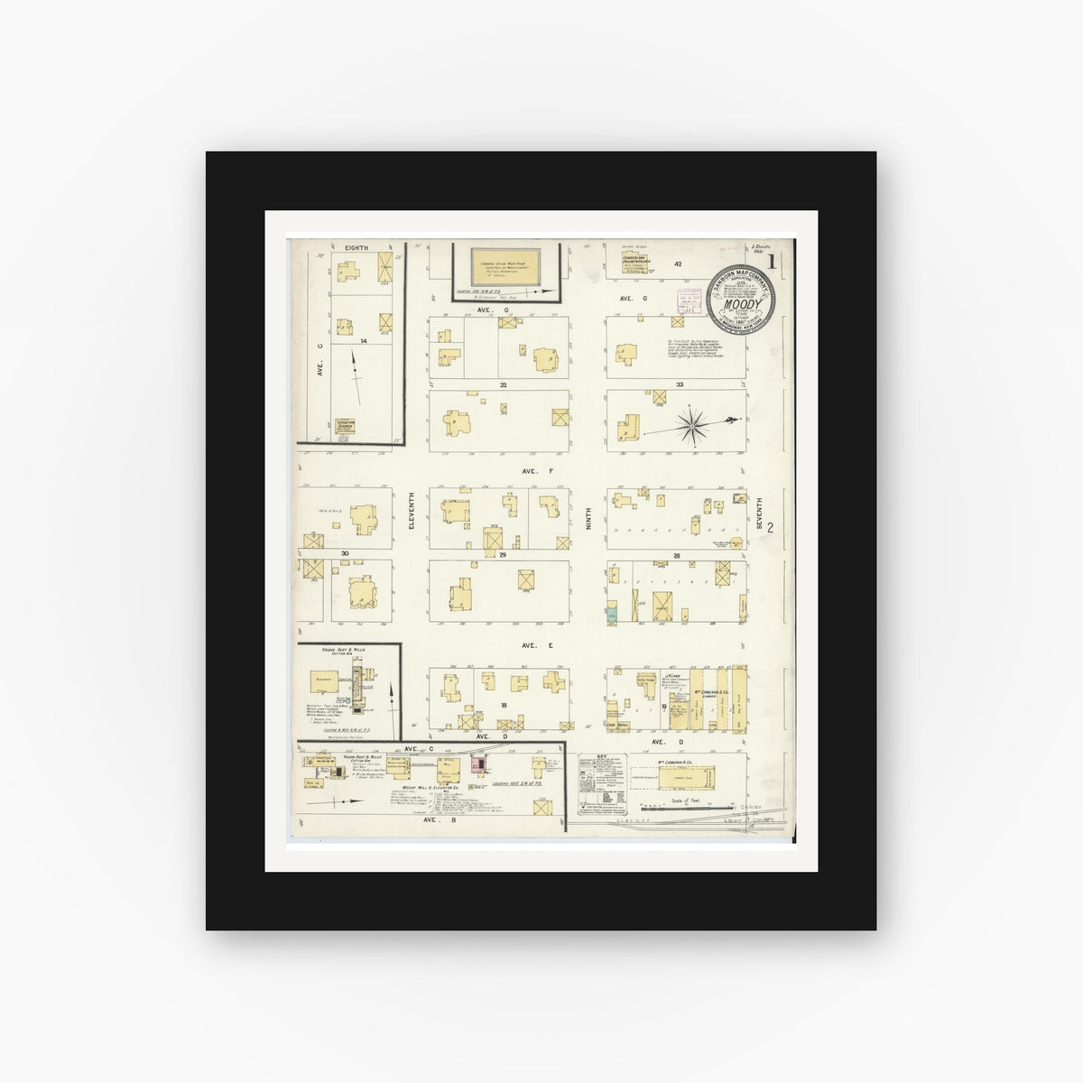 Old map wall art mockup — black gallery frame with white mat — Sanborn Fire Insurance Map from Moody, McLennan County, Texas (1907) - Complete Map Set