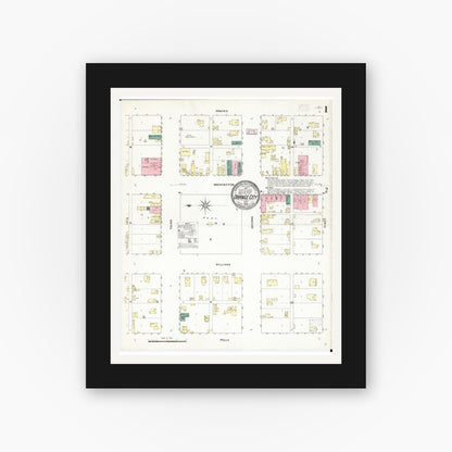 Old map wall art mockup — black gallery frame with white mat — Sanborn Fire Insurance Map from Orange City, Sioux County, Iowa (1909), Sheet #0001