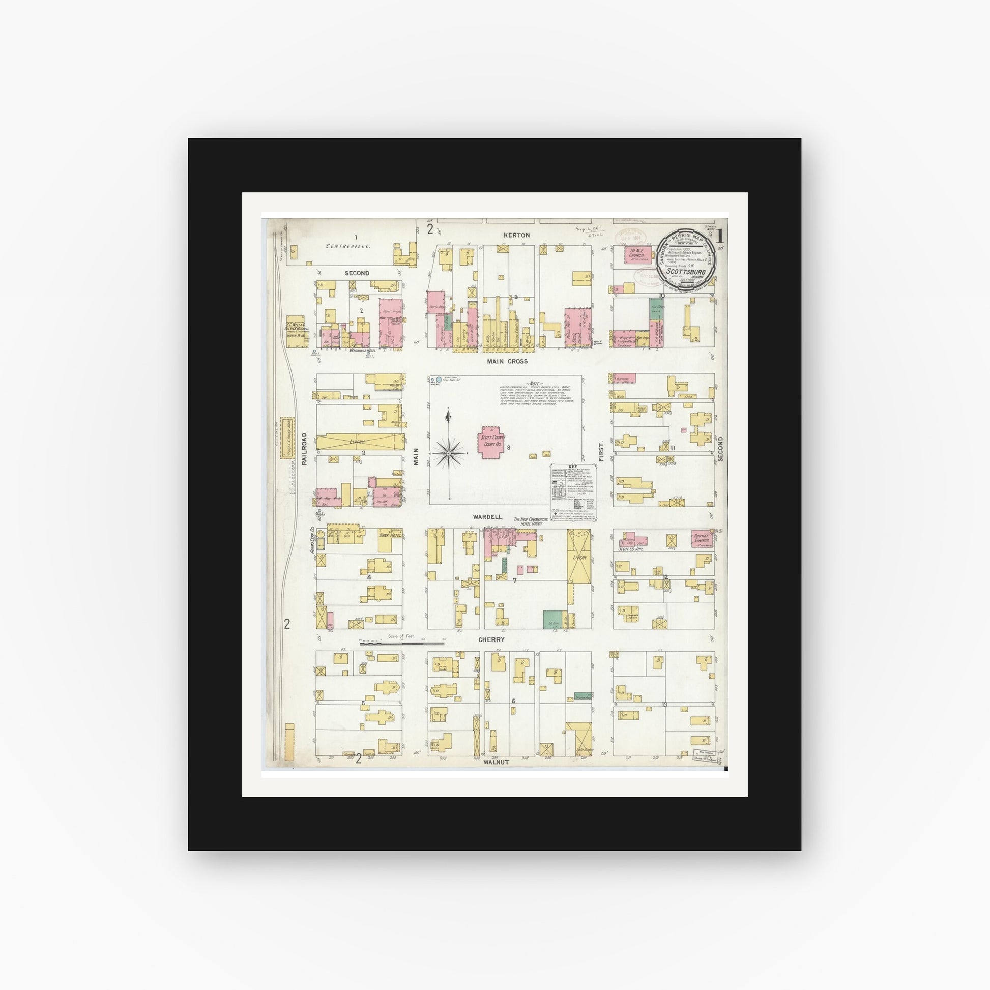 Old map wall art mockup — black gallery frame with white mat — Sanborn Fire Insurance Map from Scottsburg, Scott County, Indiana (1899) - Complete Map Set