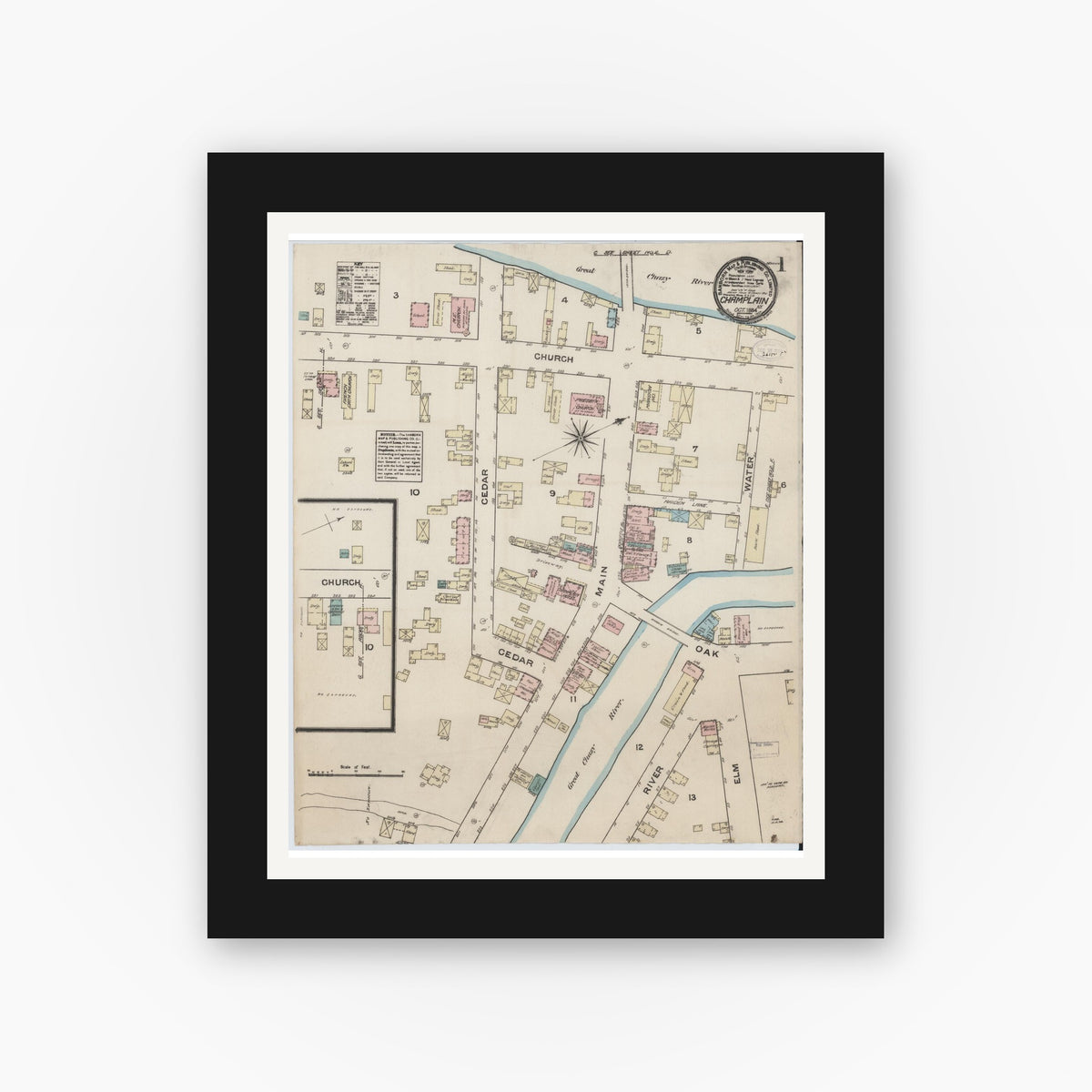 Old map wall art mockup — black gallery frame with white mat — Sanborn Fire Insurance Map from Champlain, Clinton County, New York (1884), Sheet #0001