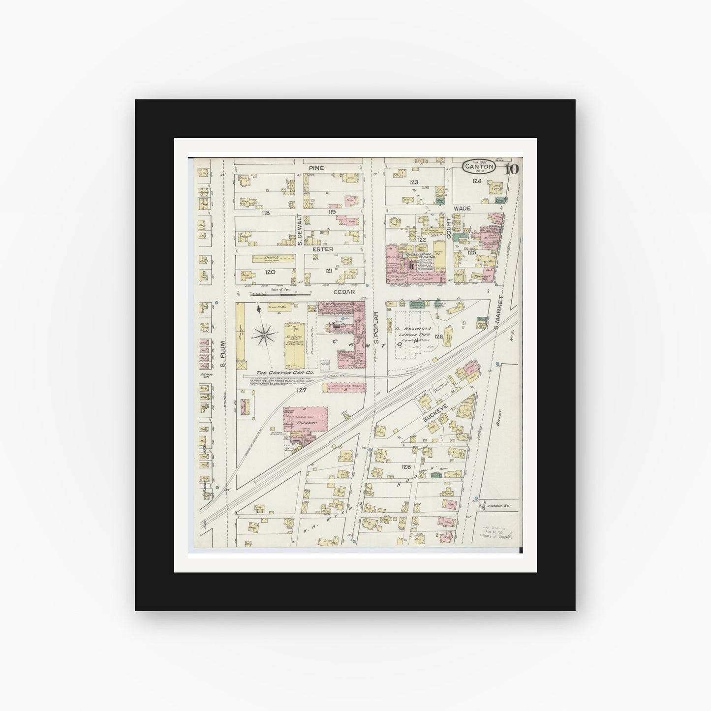 Old map wall art mockup — black gallery frame with white mat — Sanborn Fire Insurance Map from Canton, Stark County, Ohio (1887), Sheet #0010