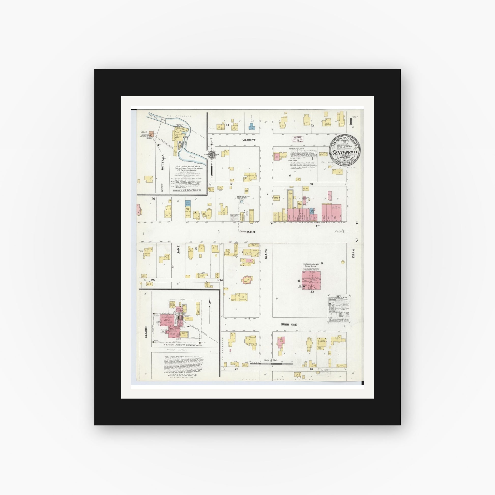 Old map wall art mockup — black gallery frame with white mat — Sanborn Fire Insurance Map from Centreville, Saint Joseph County, Michigan (1911) - Complete Map Set