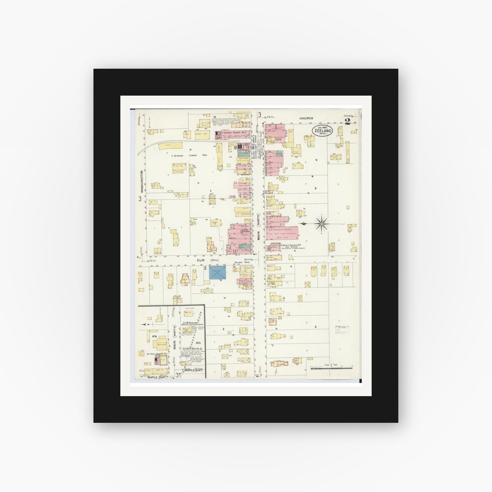 Old map wall art mockup — black gallery frame with white mat — Sanborn Fire Insurance Map from Zeeland, Ottawa County, Michigan (1908), Sheet #0002