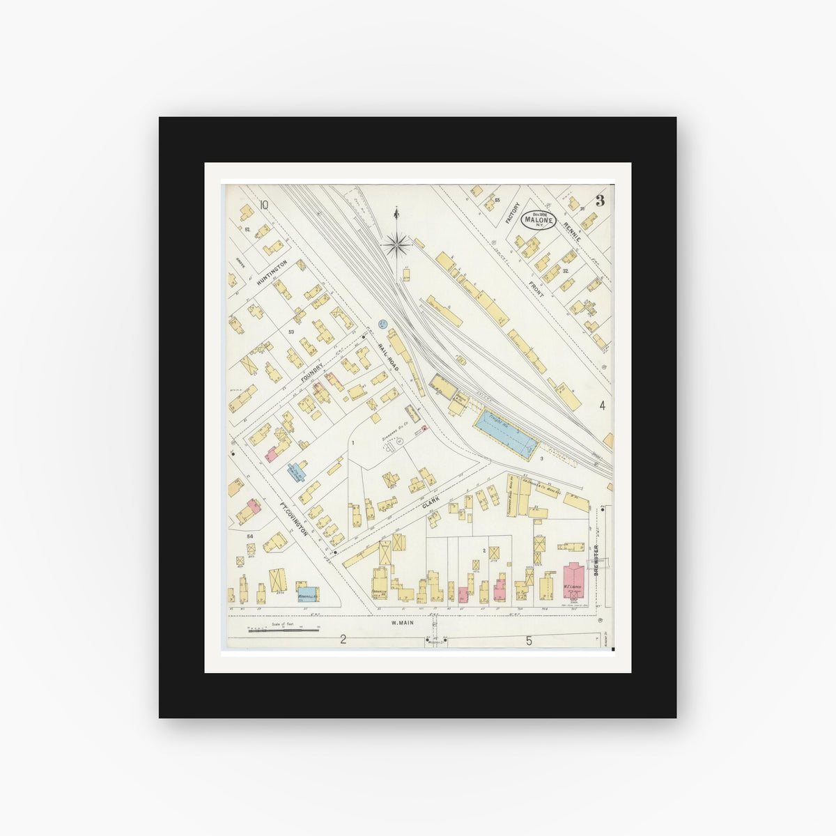 Old map wall art mockup — black gallery frame with white mat — Sanborn Fire Insurance Map from Malone, Franklin County, New York (1898), Sheet #0003