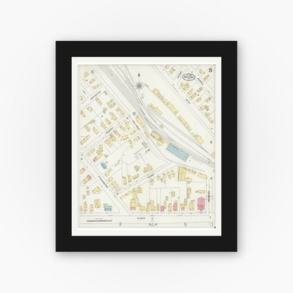 Old map wall art mockup — black gallery frame with white mat — Sanborn Fire Insurance Map from Malone, Franklin County, New York (1898), Sheet #0003