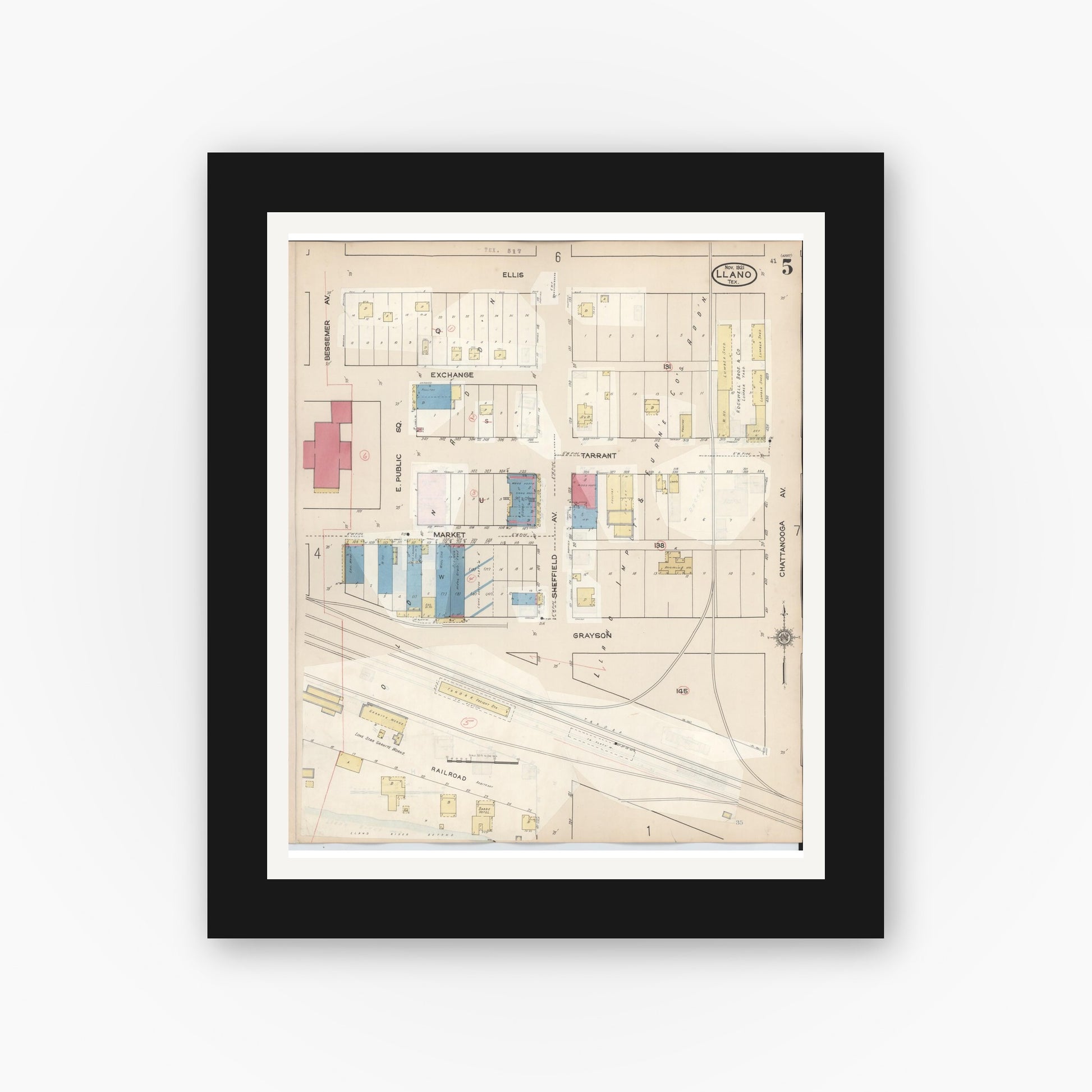 Old map wall art mockup — black gallery frame with white mat — Sanborn Fire Insurance Map from Llano, Llano County, Texas (1942), Sheet #0005
