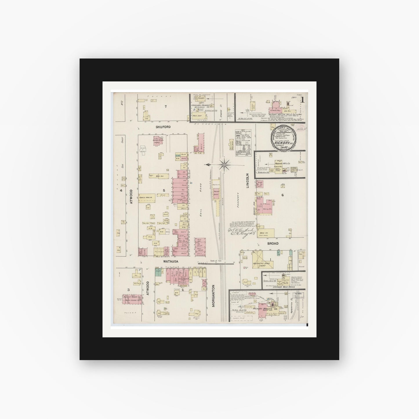 Old map wall art mockup — black gallery frame with white mat — Sanborn Fire Insurance Map from Hickory, Catawba County, North Carolina (1890), Sheet #0001