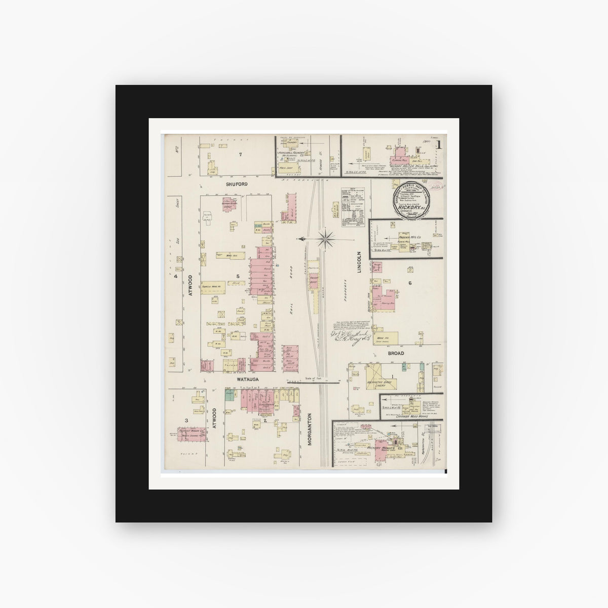 Old map wall art mockup — black gallery frame with white mat — Sanborn Fire Insurance Map from Hickory, Catawba County, North Carolina (1890), Sheet #0001