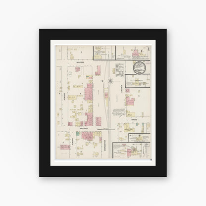 Old map wall art mockup — black gallery frame with white mat — Sanborn Fire Insurance Map from Hickory, Catawba County, North Carolina (1890), Sheet #0001