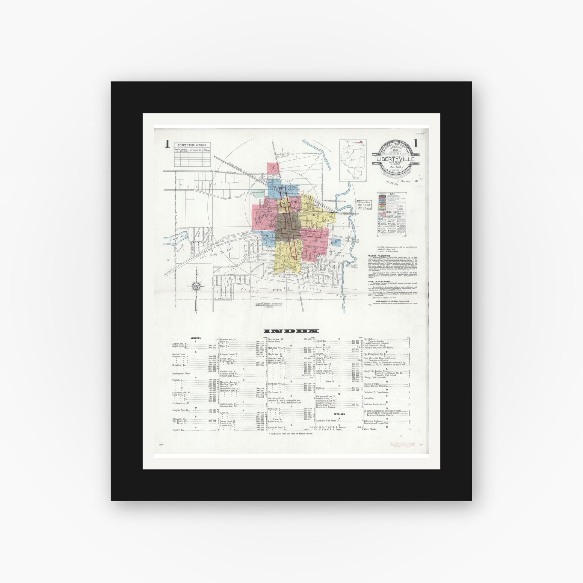 Old map wall art mockup — black gallery frame with white mat — Sanborn Fire Insurance Map from Libertyville, Lake County, Illinois (1933) - Complete Map Set