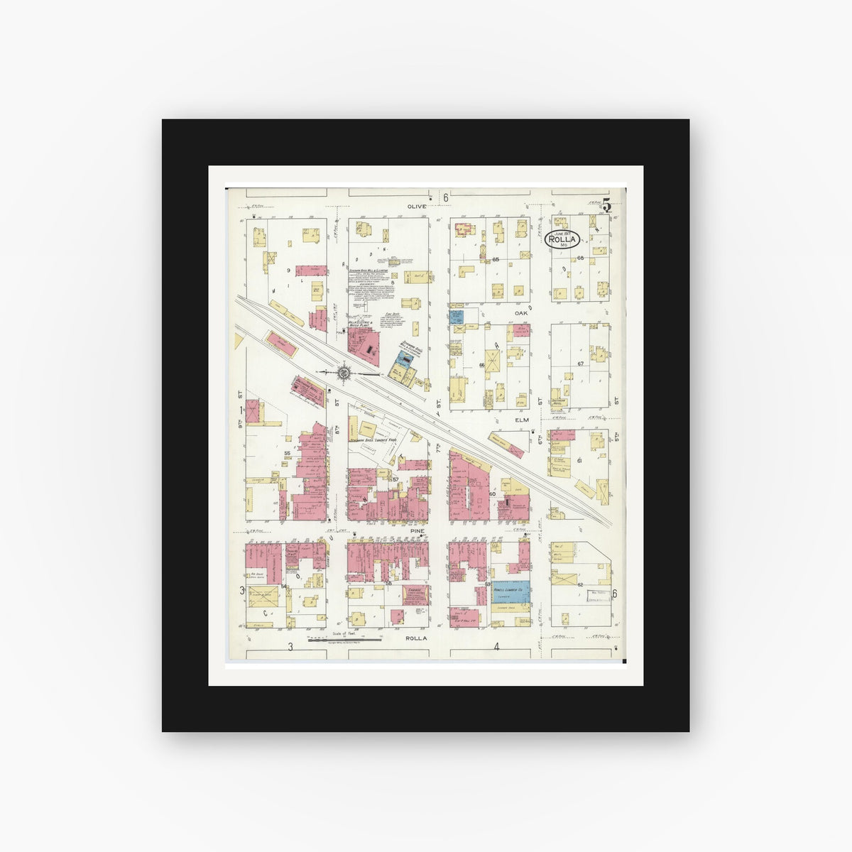 Old map wall art mockup — black gallery frame with white mat — Sanborn Fire Insurance Map from Rolla, Phelps County, Missouri (1917), Sheet #0005