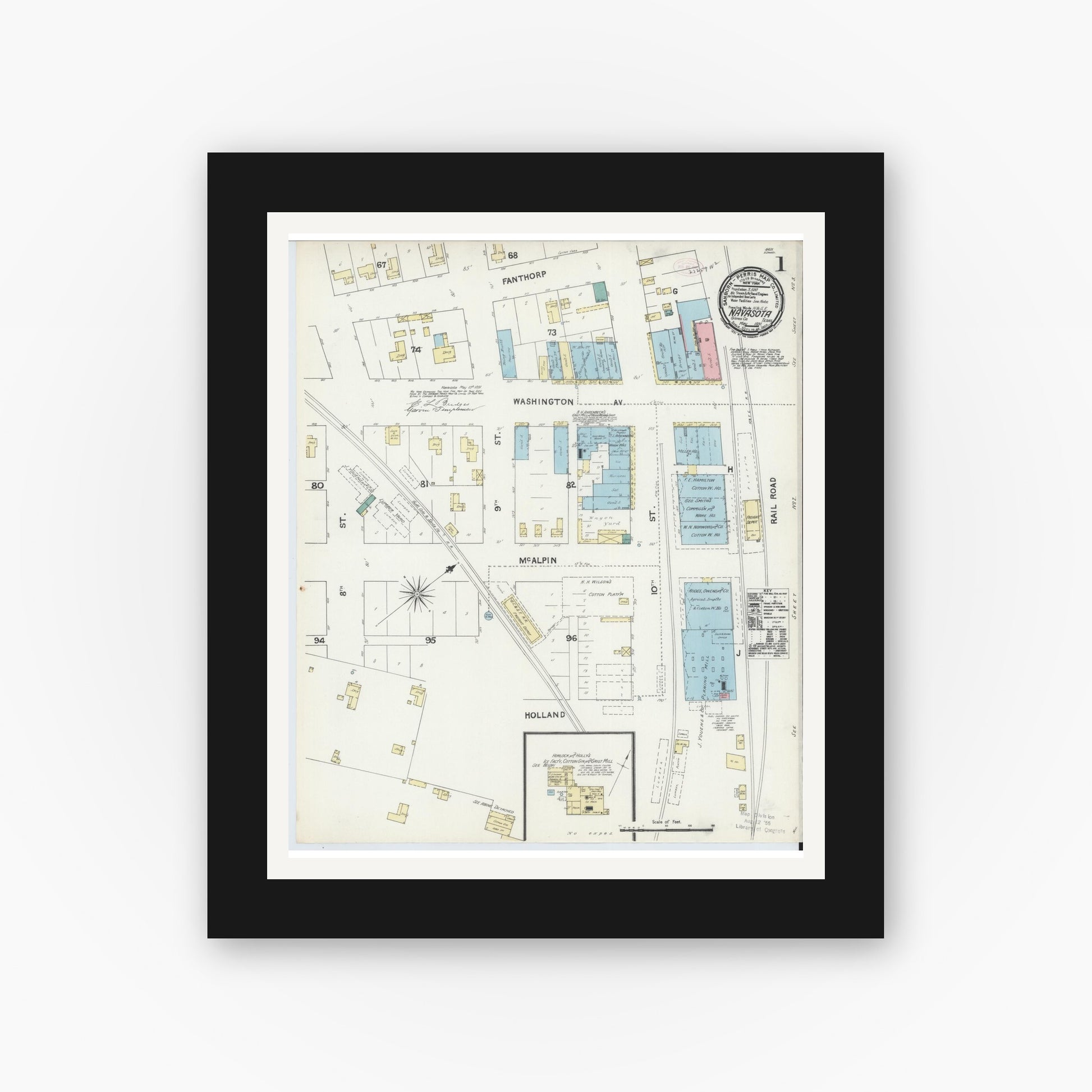 Old map wall art mockup — black gallery frame with white mat — Sanborn Fire Insurance Map from Navasota, Grimes County, Texas (1891), Sheet #0001