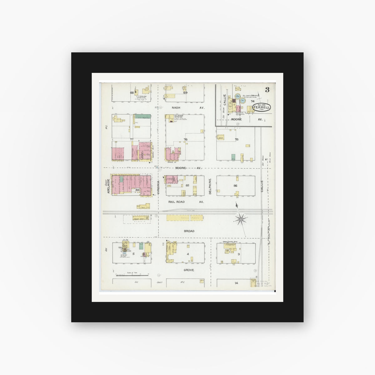 Old map wall art mockup — black gallery frame with white mat — Sanborn Fire Insurance Map from Terrell, Kaufman County, Texas (1892), Sheet #0003