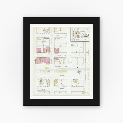 Old map wall art mockup — black gallery frame with white mat — Sanborn Fire Insurance Map from Terrell, Kaufman County, Texas (1892), Sheet #0003