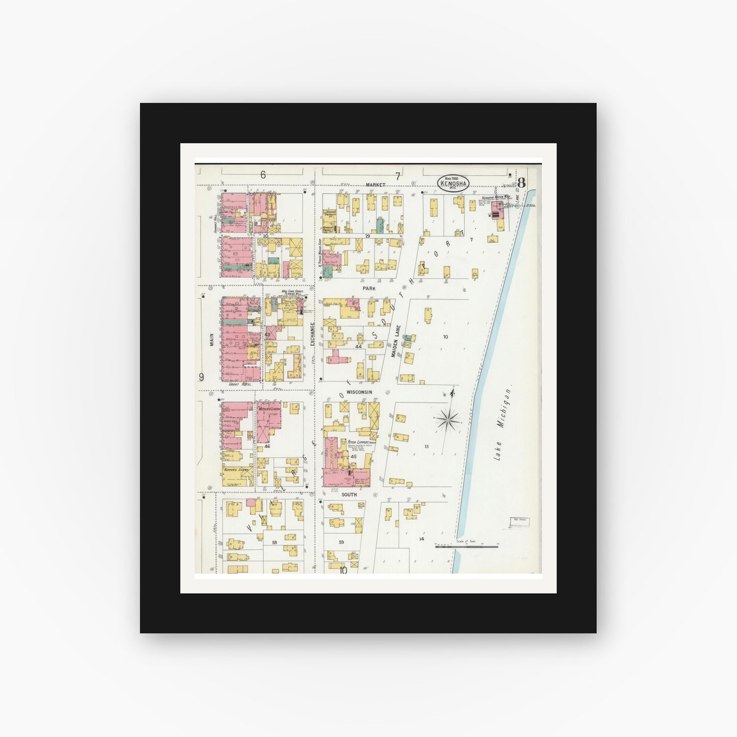 Old map wall art mockup — black gallery frame with white mat — Sanborn Fire Insurance Map from Kenosha, Kenosha County, Wisconsin (1900), Sheet #0008