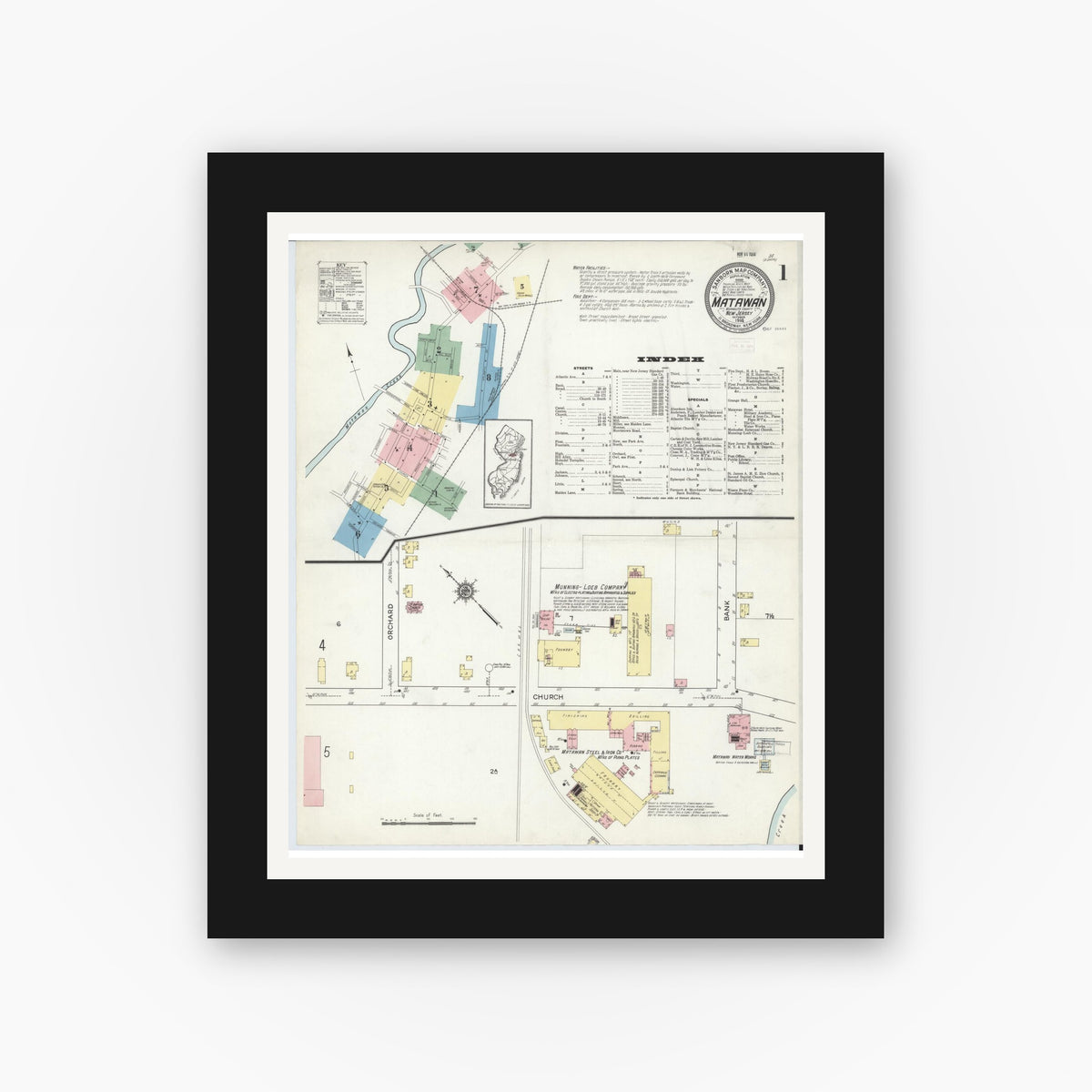 Old map wall art mockup — black gallery frame with white mat — Sanborn Fire Insurance Map from Matawan, Monmouth County, New Jersey (1914) - Complete Map Set