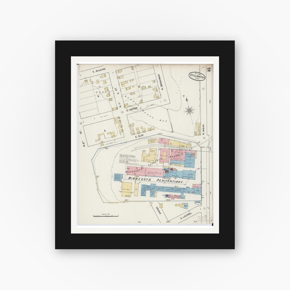 Old map wall art mockup — black gallery frame with white mat — Sanborn Fire Insurance Map from Stillwater, Washington County, Minnesota (1888), Sheet #0002