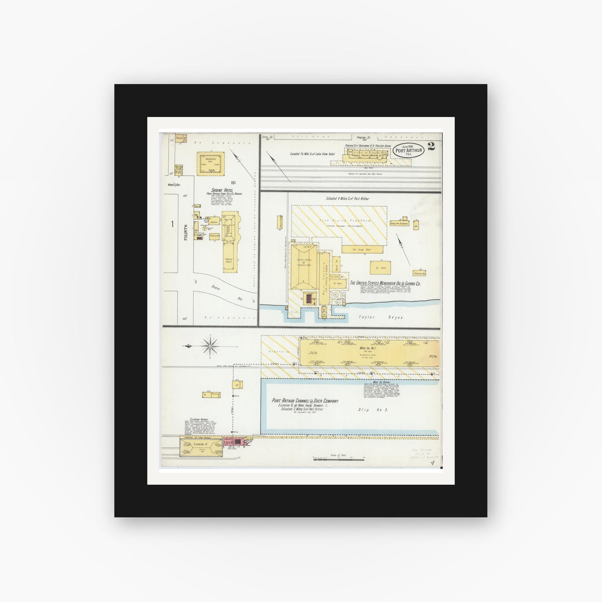 Old map wall art mockup — black gallery frame with white mat — Sanborn Fire Insurance Map from Port Arthur, Jefferson County, Texas (1900), Sheet #0002