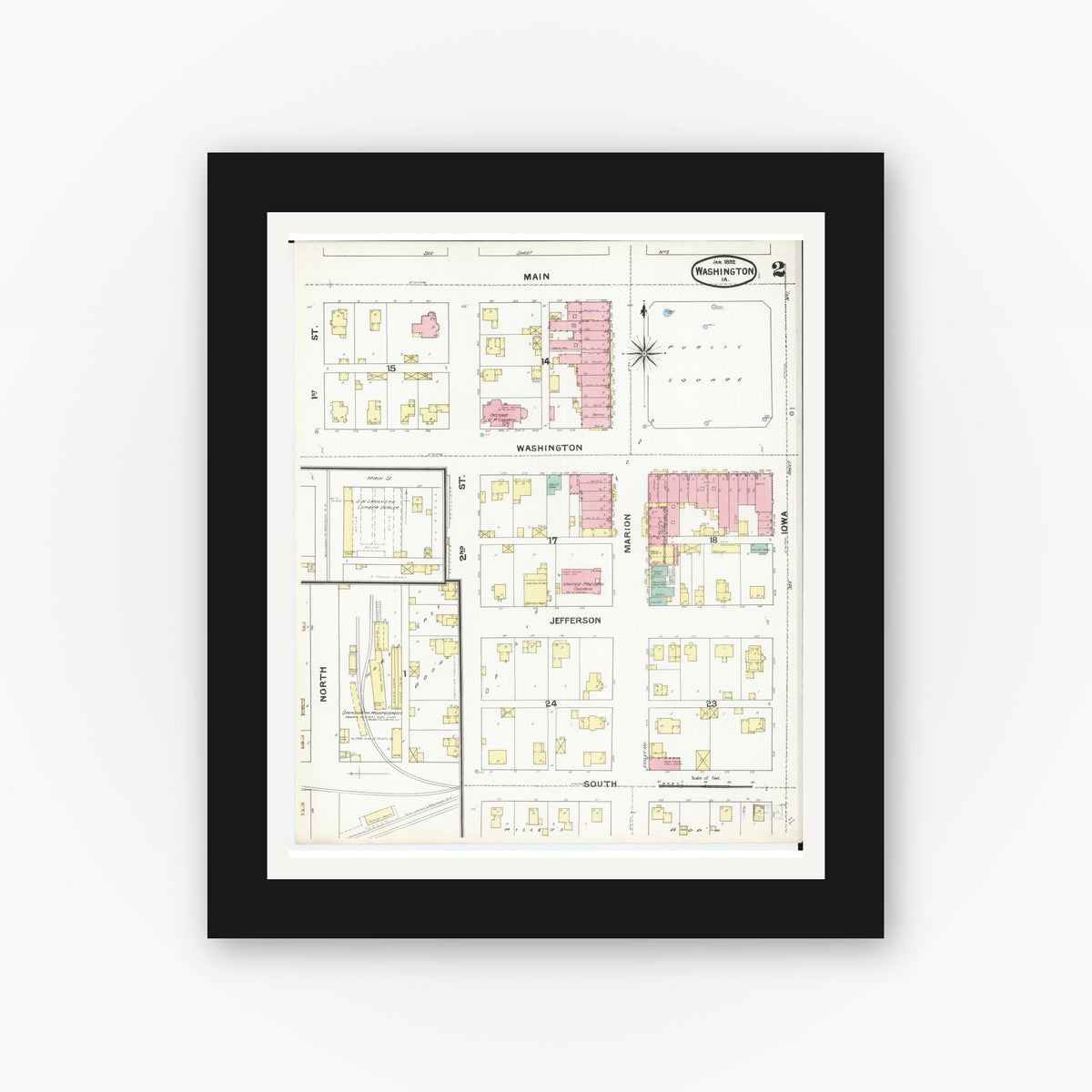 Old map wall art mockup — black gallery frame with white mat — Sanborn Fire Insurance Map from Washington, Washington County, Iowa (1892), Sheet #0002
