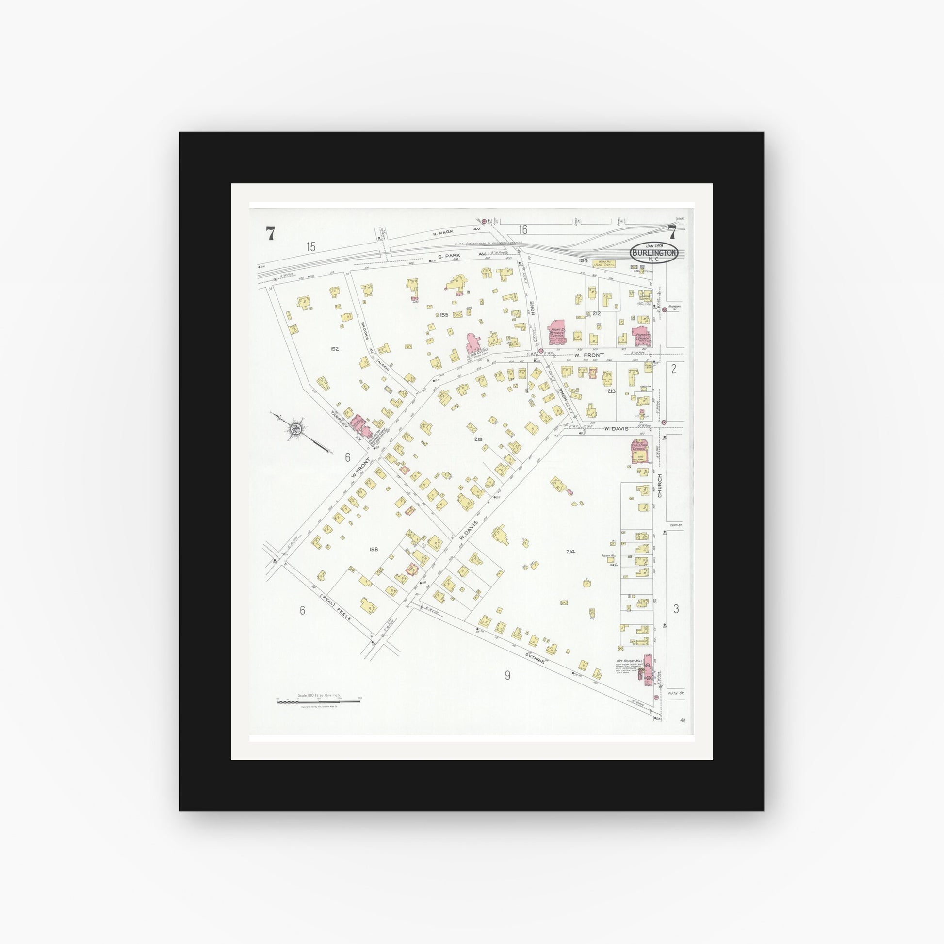 Old map wall art mockup — black gallery frame with white mat — Sanborn Fire Insurance Map from Burlington, Alamance County, North Carolina (1929), Sheet #0007