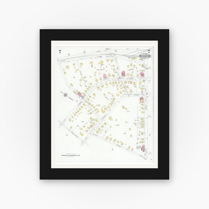 Old map wall art mockup — black gallery frame with white mat — Sanborn Fire Insurance Map from Burlington, Alamance County, North Carolina (1929), Sheet #0007