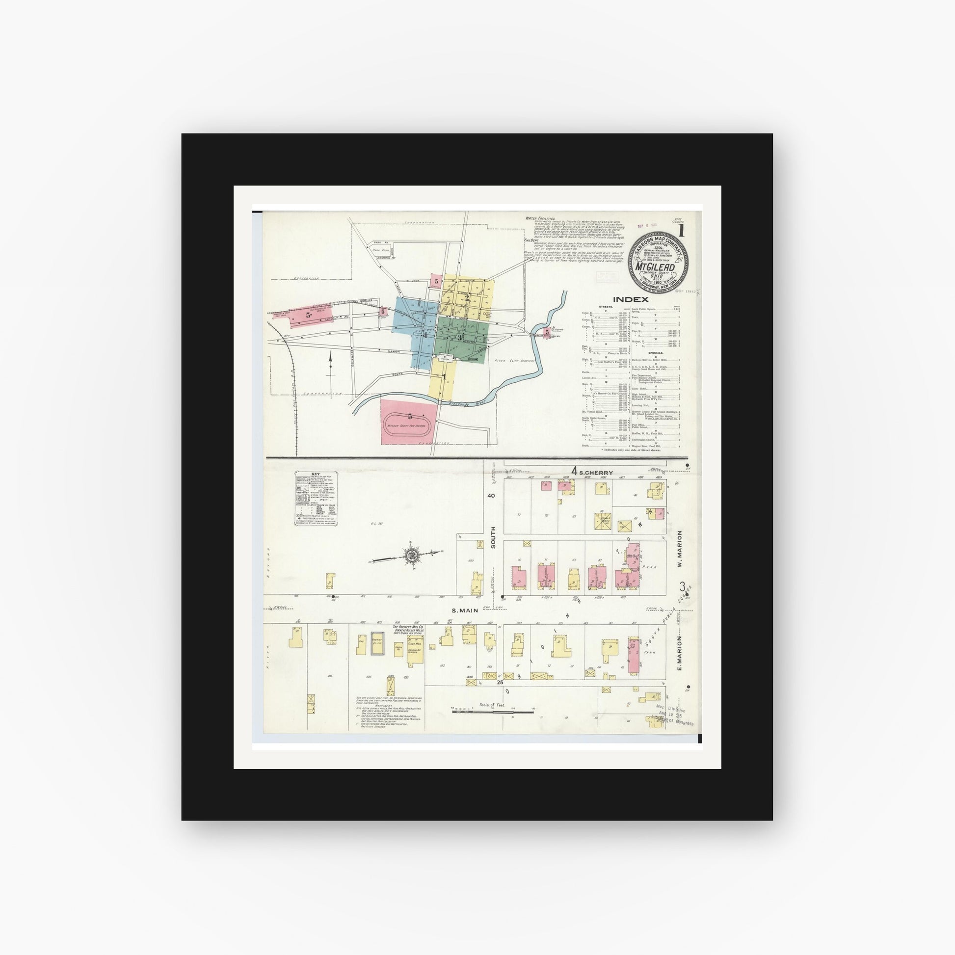 Old map wall art mockup — black gallery frame with white mat — Sanborn Fire Insurance Map from Mount Gilead, Morrow County, Ohio (1910) - Complete Map Set