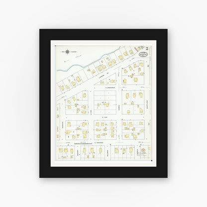 Old map wall art mockup — black gallery frame with white mat — Sanborn Fire Insurance Map from Austin, Mower County, Minnesota (1910), Sheet #0002
