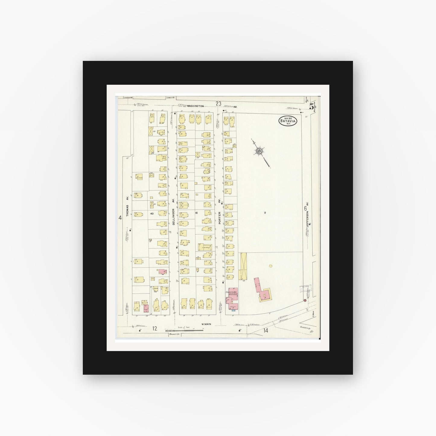 Old map wall art mockup — black gallery frame with white mat — Sanborn Fire Insurance Map from Batavia, Genesee County, New York (1912), Sheet #0005