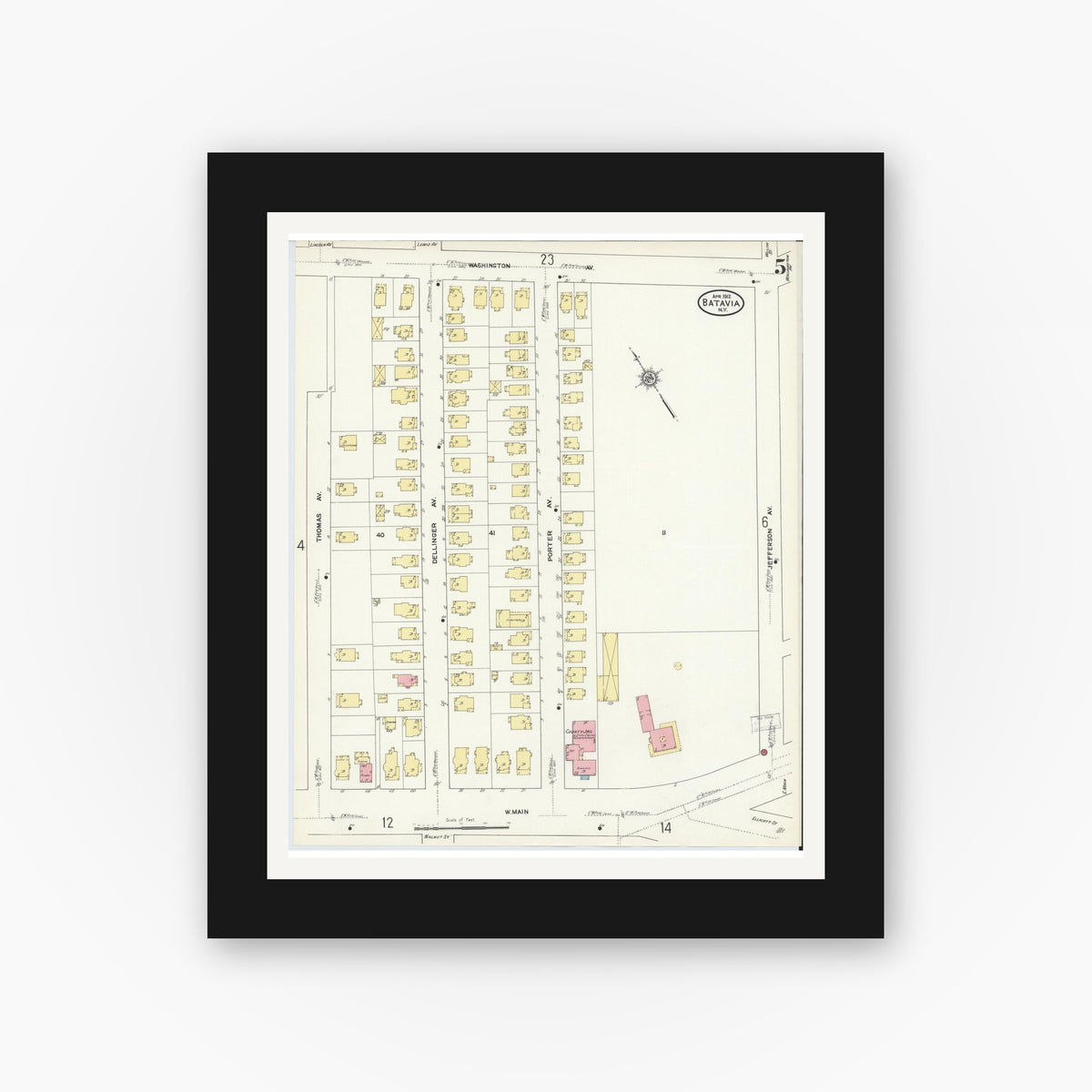 Old map wall art mockup — black gallery frame with white mat — Sanborn Fire Insurance Map from Batavia, Genesee County, New York (1912), Sheet #0005