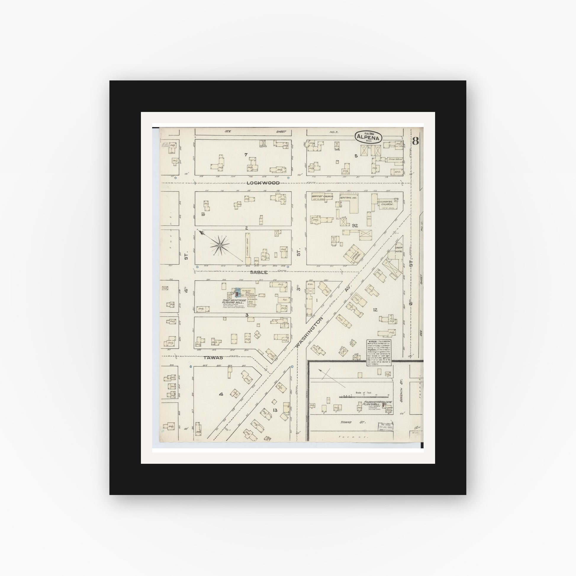 Old map wall art mockup — black gallery frame with white mat — Sanborn Fire Insurance Map from Alpena, Alpena County, Michigan (1884), Sheet #0008