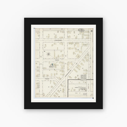 Old map wall art mockup — black gallery frame with white mat — Sanborn Fire Insurance Map from Alpena, Alpena County, Michigan (1884), Sheet #0008