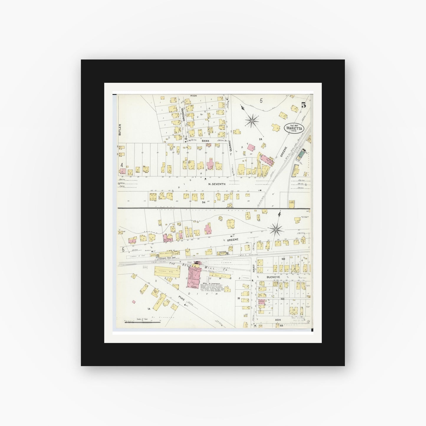 Old map wall art mockup — black gallery frame with white mat — Sanborn Fire Insurance Map from Marietta, Washington County, Ohio (1907), Sheet #0005