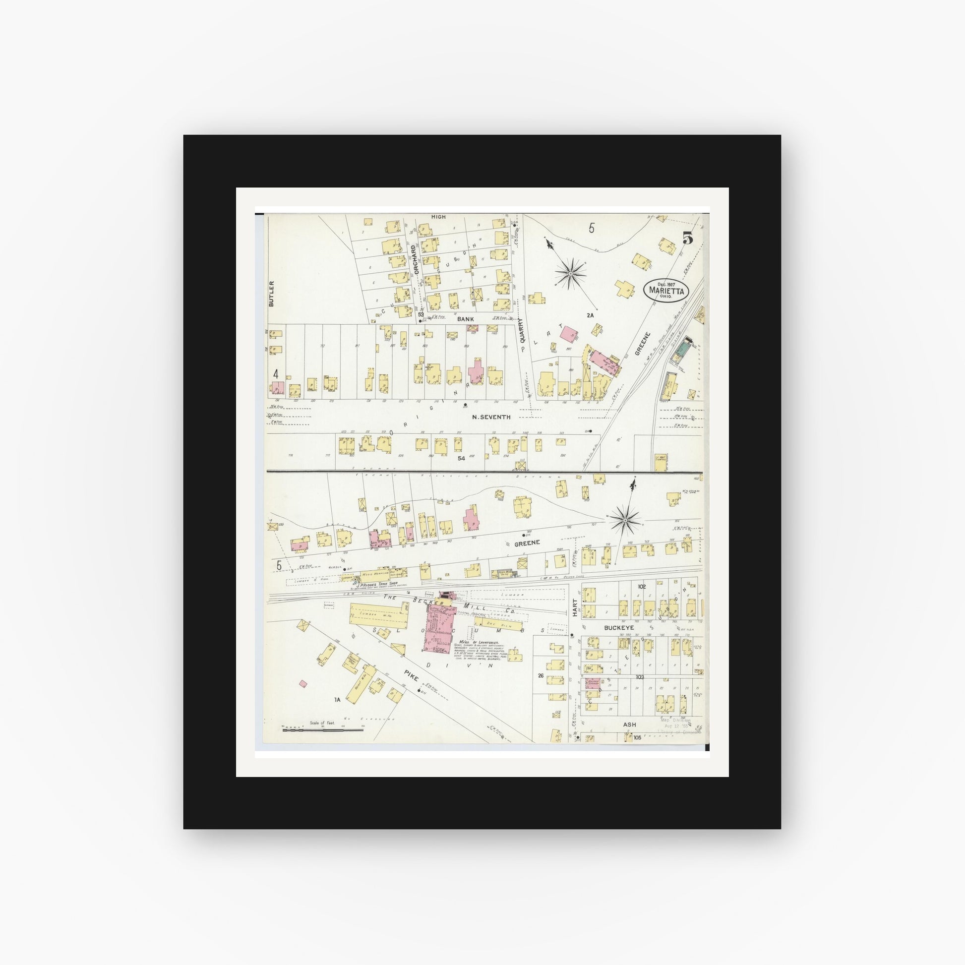 Old map wall art mockup — black gallery frame with white mat — Sanborn Fire Insurance Map from Marietta, Washington County, Ohio (1907), Sheet #0005