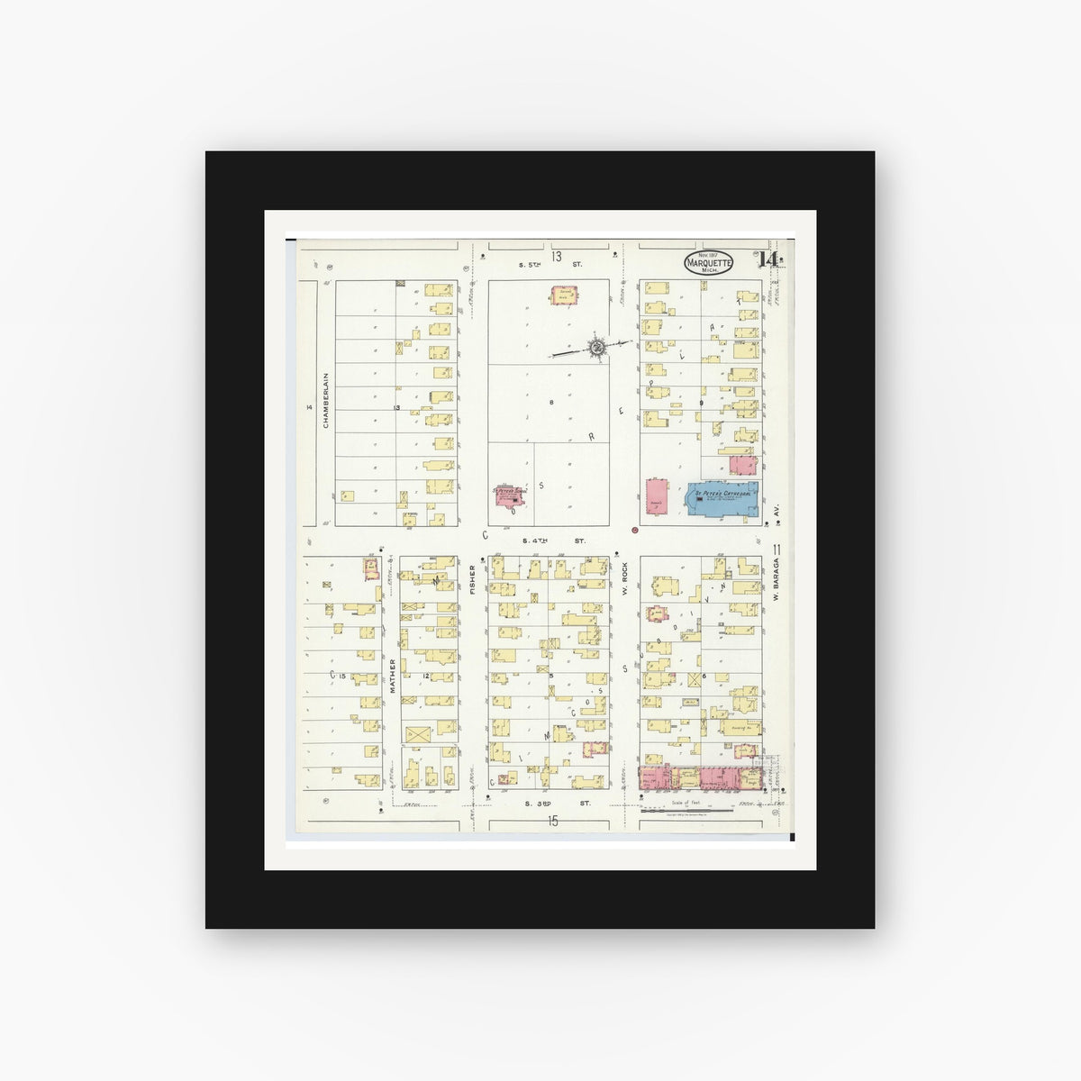 Old map wall art mockup — black gallery frame with white mat — Sanborn Fire Insurance Map from Marquette, Marquette County, Michigan (1917), Sheet #0014