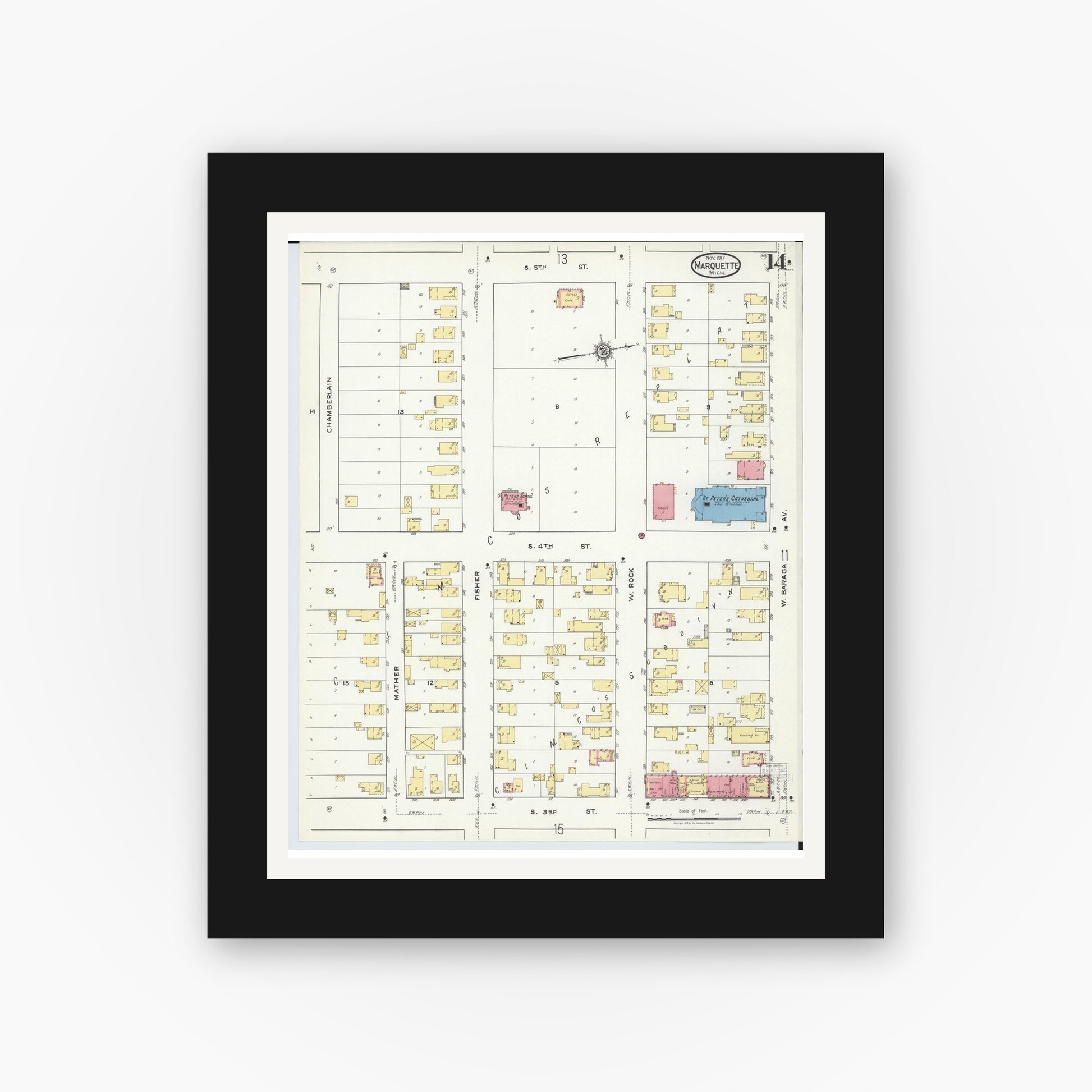 Old map wall art mockup — black gallery frame with white mat — Sanborn Fire Insurance Map from Marquette, Marquette County, Michigan (1917), Sheet #0014