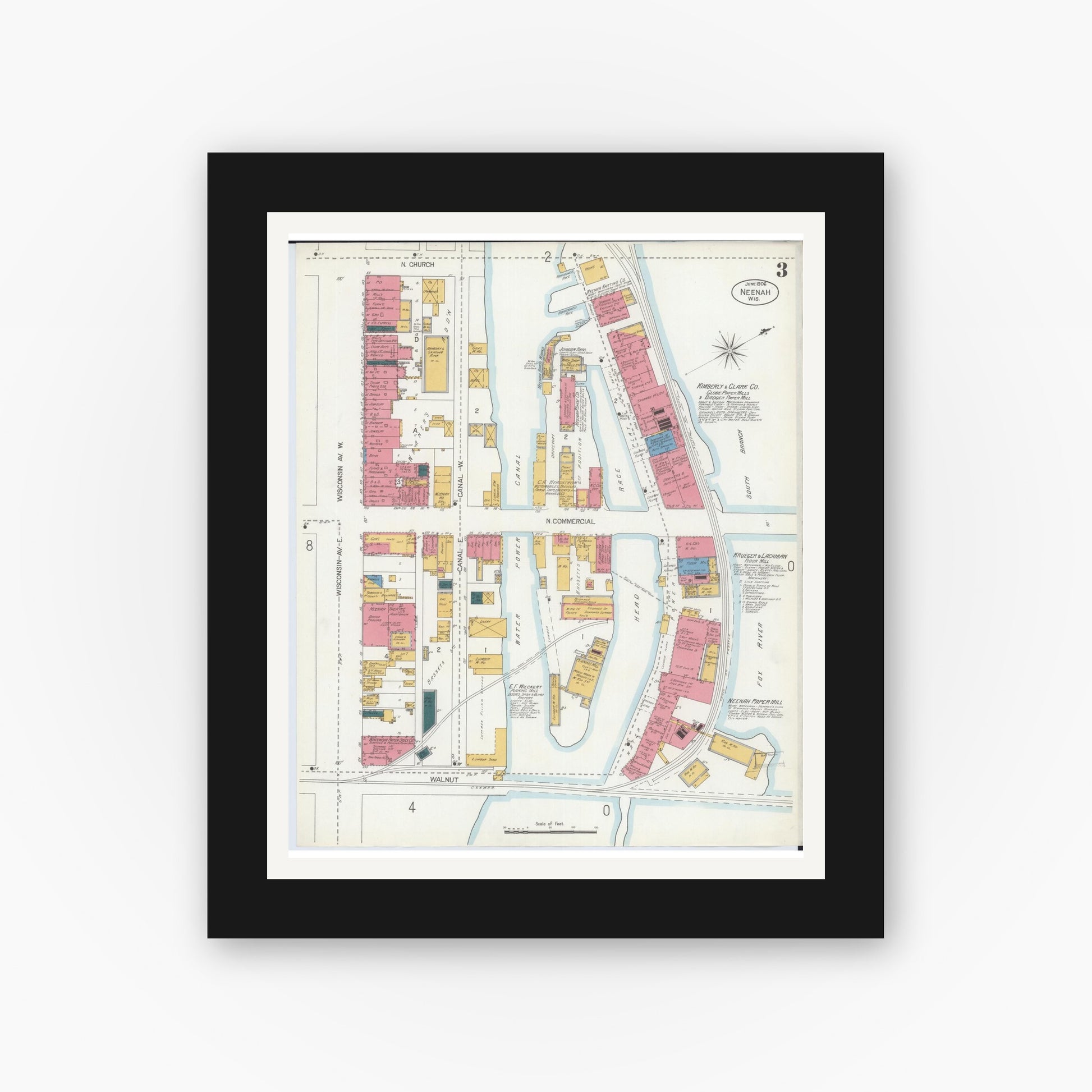 Old map wall art mockup — black gallery frame with white mat — Sanborn Fire Insurance Map from Neenah, Winnebago County, Wisconsin (1906), Sheet #0003