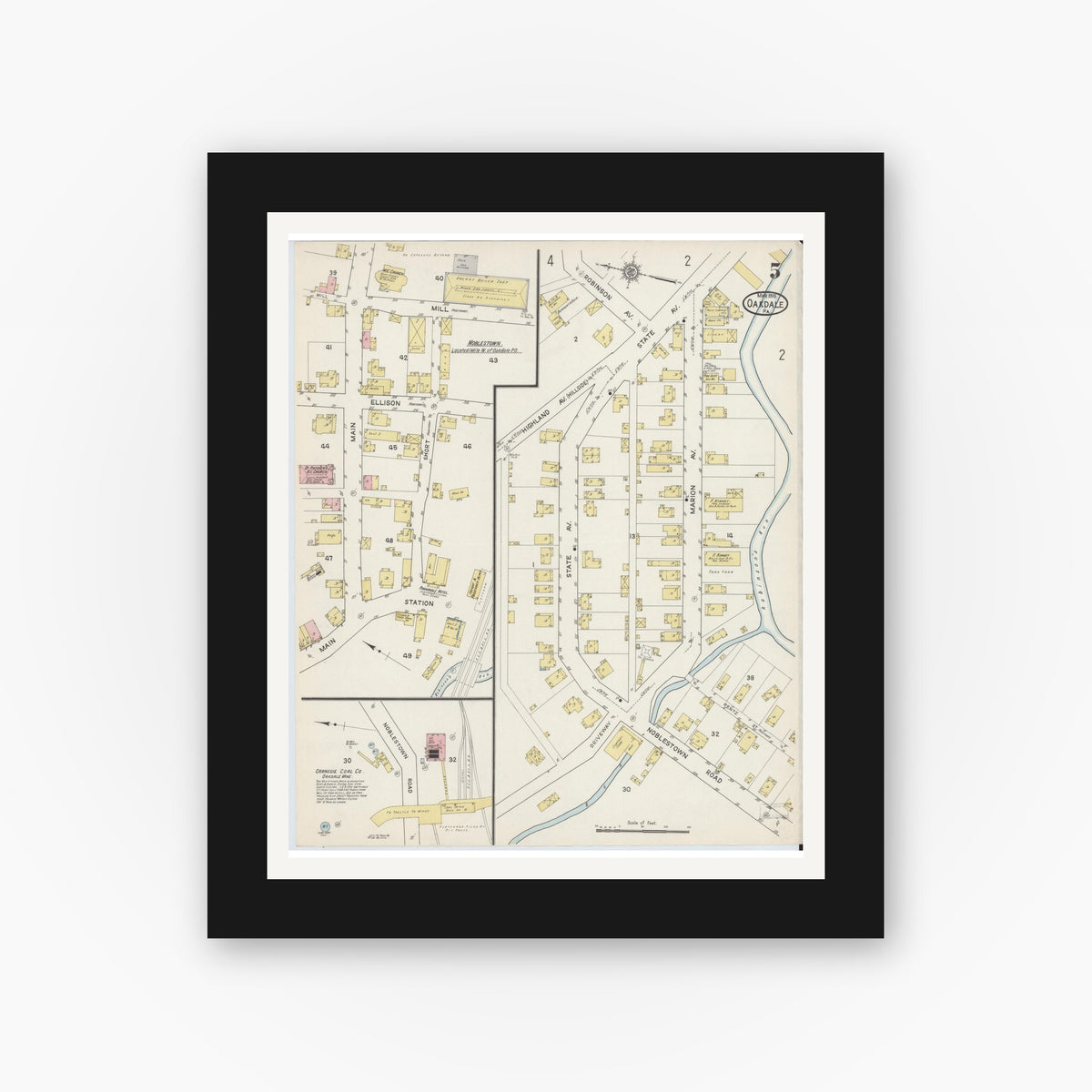 Old map wall art mockup — black gallery frame with white mat — Sanborn Fire Insurance Map from Oakdale, Allegheny County, Pennsylvania (1915), Sheet #0005