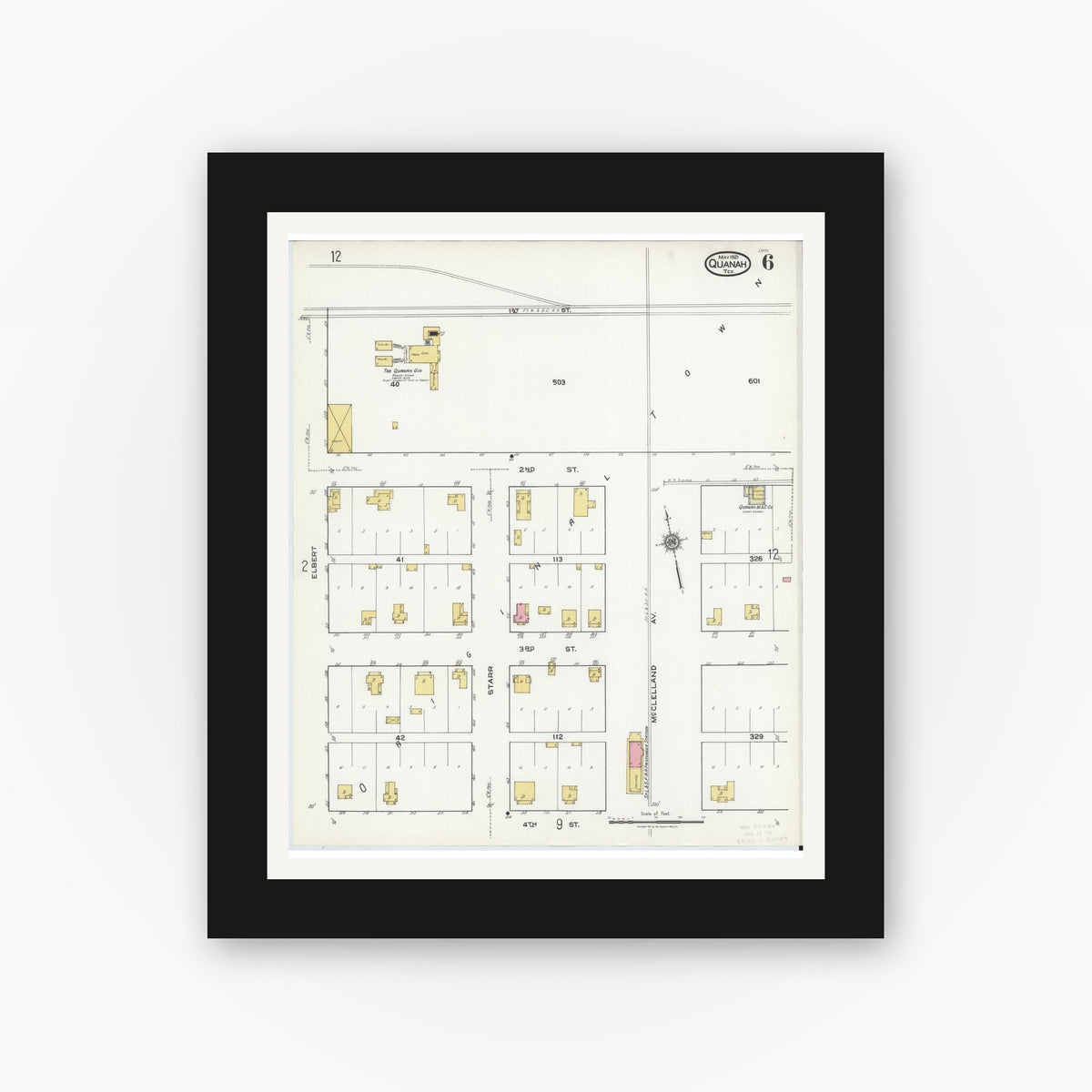 Old map wall art mockup — black gallery frame with white mat — Sanborn Fire Insurance Map from Quanah, Hardeman County, Texas (1921), Sheet #0006